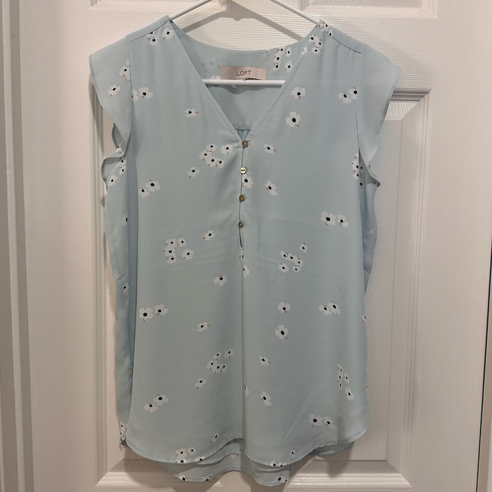 Loft Blue Floral Flutter Sleeve Blouse - XS
